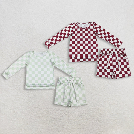 Sibling Baby Girls Long Sleeve Checked Top Pockets Short Pajamas Clothes Sets