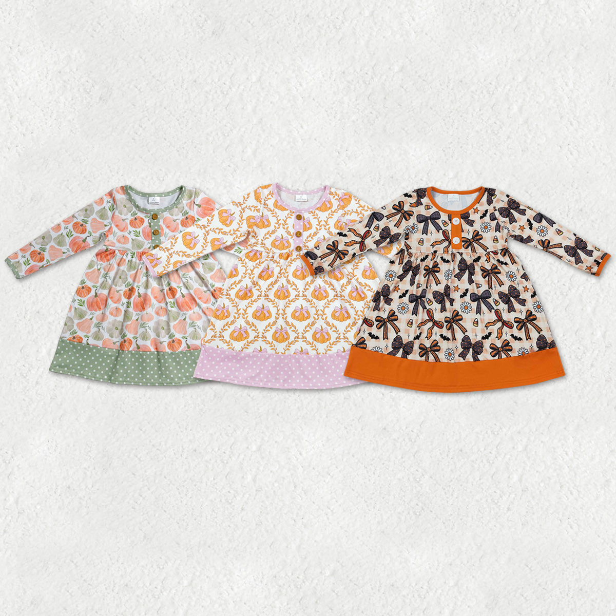 Sibling Baby Girls Bows Pumpkins Bats Flowers Halloween Fall Button Knee Length Dresses
