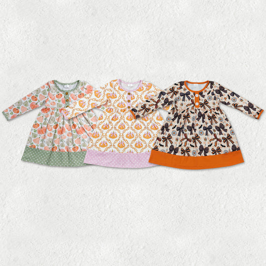 Sibling Baby Girls Bows Pumpkins Bats Flowers Halloween Fall Button Knee Length Dresses