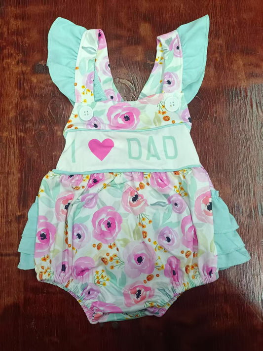 Preorder moq 5 Baby Girls Aqua Flutter Sleeves I Love Dad Flowers Ruffle Rompers