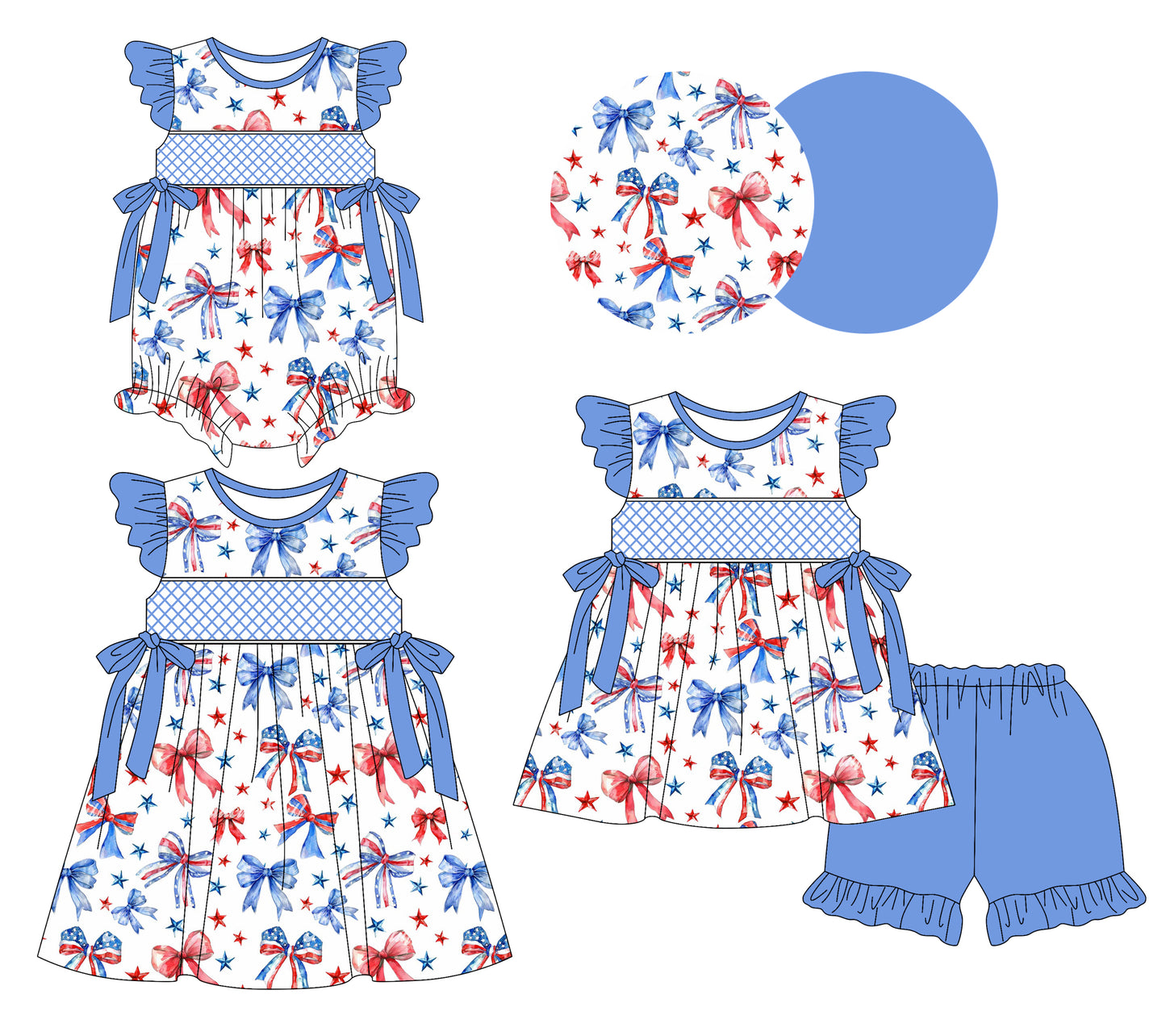 Preorder moq 5 Custom Baby Girls Blue Red Bows Stars Tunic Ruffle Short 4th Of July Set Knee Length Dress And Rompers
