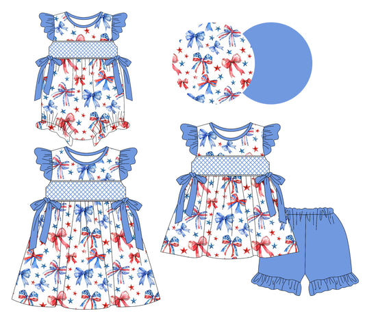 Preorder moq 5 Custom Baby Girls Blue Red Bows Stars Tunic Ruffle Short 4th Of July Set Knee Length Dress And Rompers