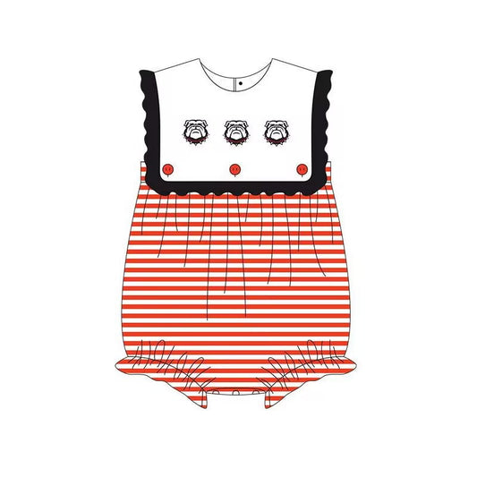 Preorder (moq 5)Baby Girls Sleeveless Red Stripe Bulldogs Team Ruffle Rompers