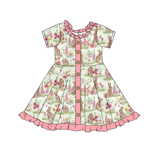 Baby Girls Pink Easter Rabbits Ruffle Buttons Knee Length Dresses preorder(MOQ 5)