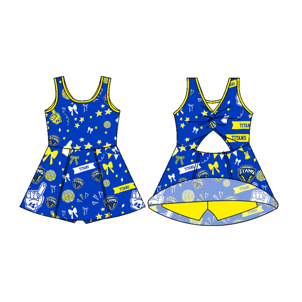 Preorder (moq 5)Baby Girls Sleeveless Titans Blue Bows Football Team Shorts Dresses