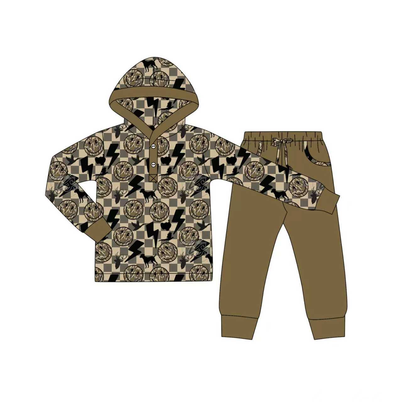 Preorder (moq 5)Baby Boys Khaki Checked Lights Smiles Button Hoodie Pockets Jogger Clothes Sets