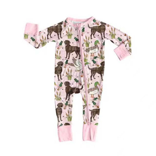 Preorder (moq 20)Baby Girls Bamboo Dogs Ducks Calls Western Zippy Footie Rompers