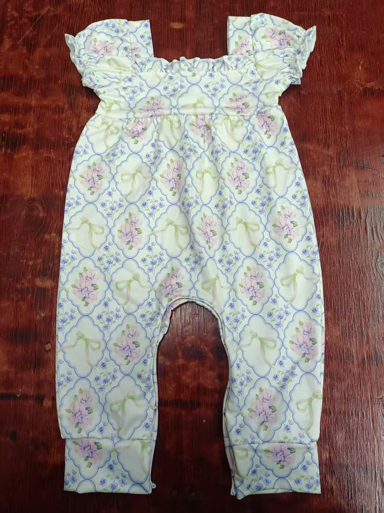 Preorder moq 5 Baby Girls Short Ruffle Sleeves Floral Plaid Pant Rompers