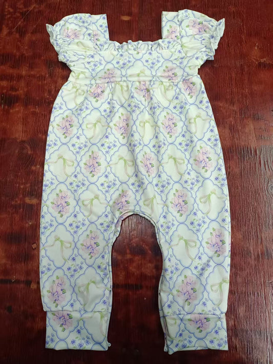 Preorder moq 5 Baby Girls Short Ruffle Sleeves Floral Plaid Pant Rompers