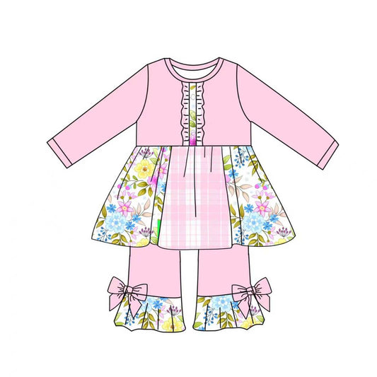 Preorder (moq 5)Baby Girls Pink Checked Flowers Button Tunic Ruffle Pants Clothes Sets