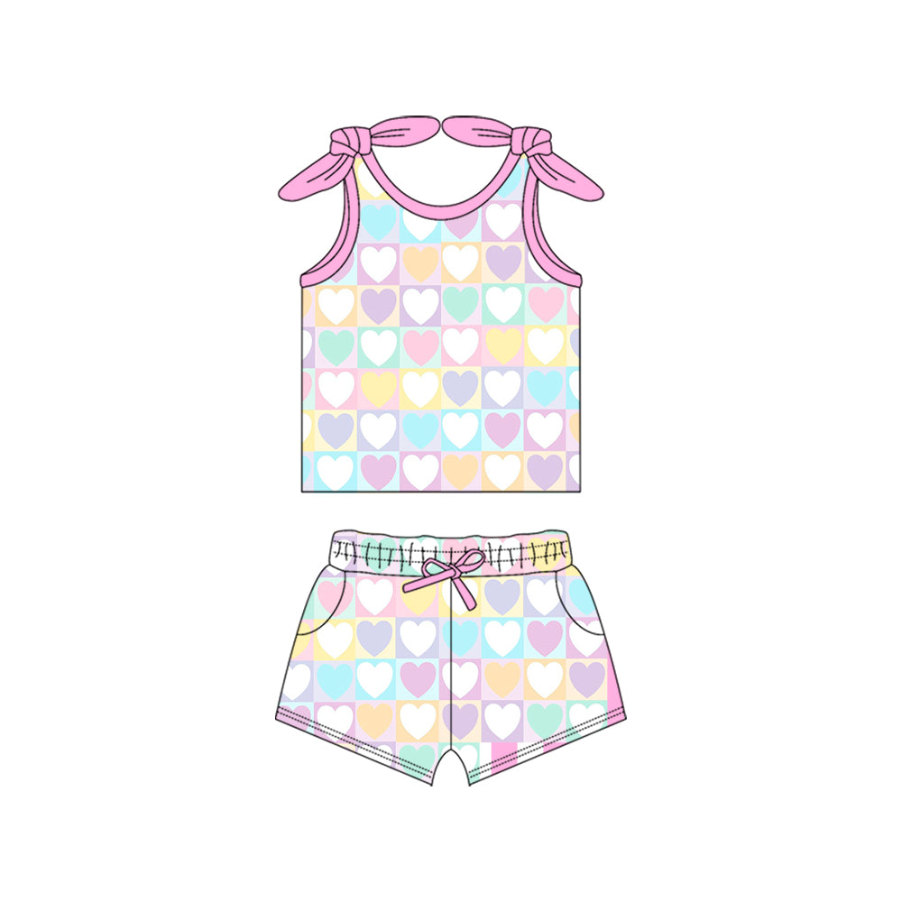 Preorder (moq 5)Baby Girls Pink Bows Strap Colorful Hearts Top Pockets Short Set