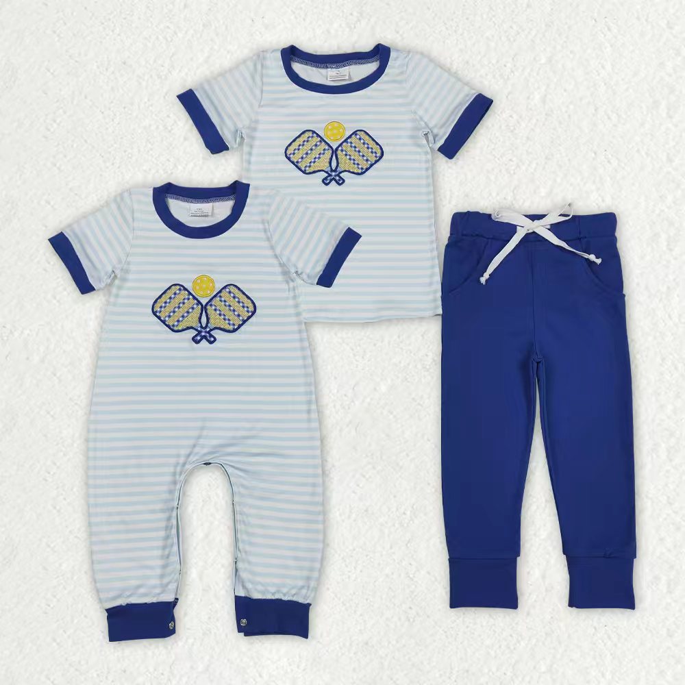 Sibling Baby Boys Blue Stripe Embroidery Tennis Pants Team Clothes Set Footie Rompers