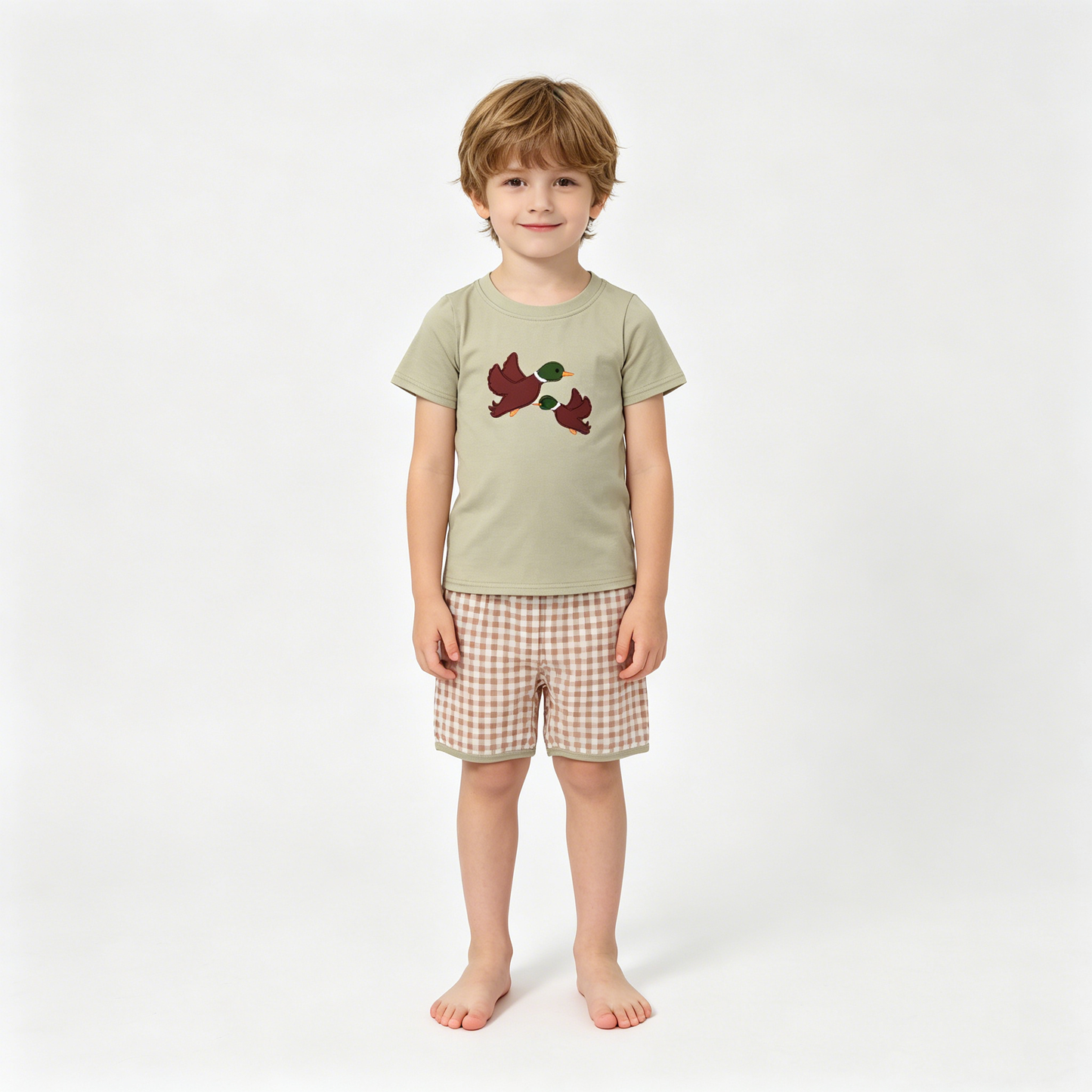 Embroidery Ducks Baby Boys Top Checked Shorts Hunting Clothes Sets
