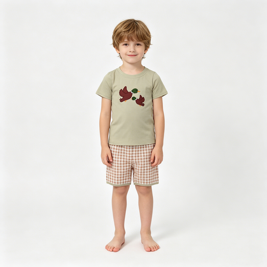 Embroidery Ducks Baby Boys Top Checked Shorts Hunting Clothes Sets