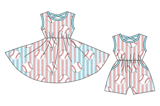 Preorder moq 5 Custom Baby Girls Blue Sleeveless Baseballs Stripe Knee Length Dress Pockets Jumpsuits