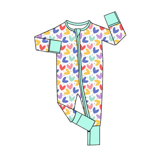 Baby Infant Boy Green Valentines Colorful Hearts Zip Rompers preorder(moq 5)