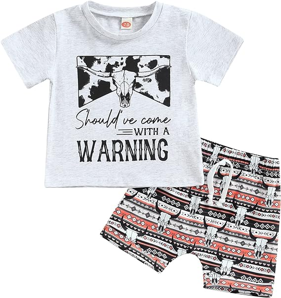 Baby Boys Warning Shirt Cows Western Aztec Shorts Clothes Sets preorder (moq 5)