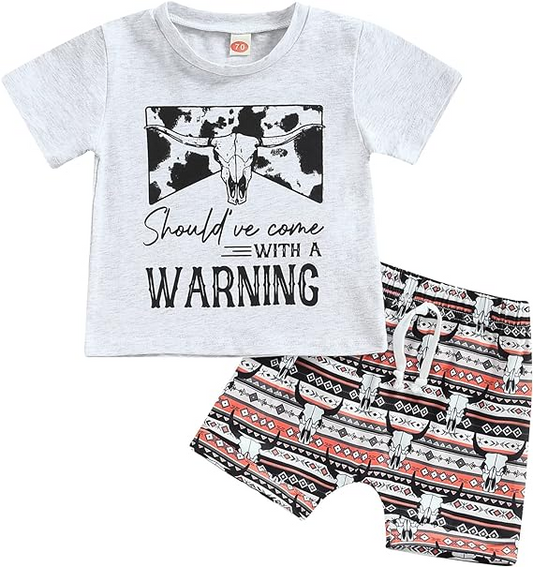 Baby Boys Warning Shirt Cows Western Aztec Shorts Clothes Sets preorder (moq 5)