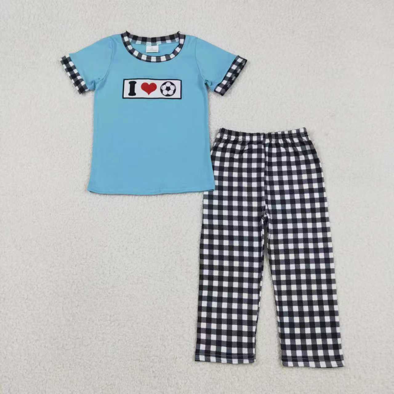 Sibling Baby Boys Embroidery I Love Balls Top Checked Pants Team Clothes Set Footie Rompers