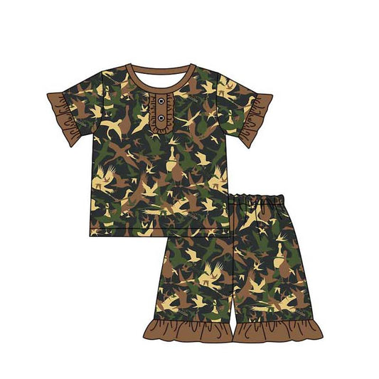 Baby Girls Green Ducks Hunting Top Ruffle Shorts Pajamas Sets preorder(MOQ 5)