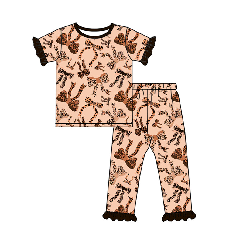 Baby Girls Pink Leopard Bows Top Ruffle Pants Pajamas Clothes Sets preorder(MOQ 5)