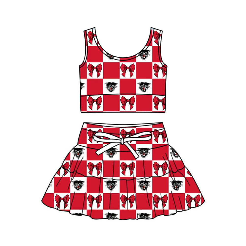 Preorder (moq 5)Baby Girls Red Bows Bearcat Checked Vest Skirt Short Team Clothes Sets