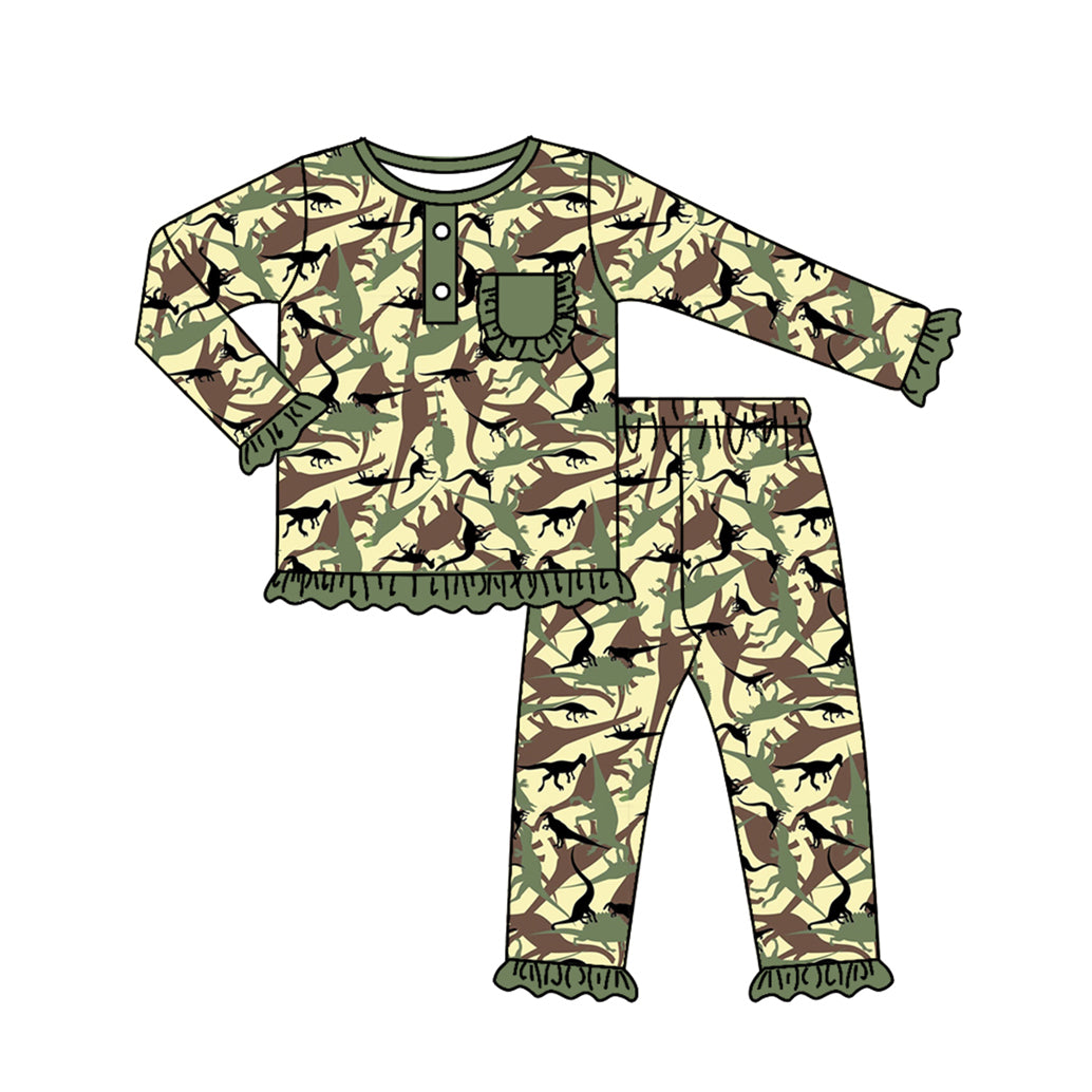 Baby Girls Fall Dinosaur Camo Top Pants Pajamas Clothes Sets Preorder(moq 5)