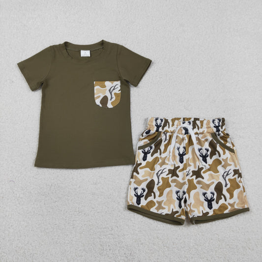 Sibling Baby Boys Shirt Top Deer Camo Pockets Short Hunting Clothes Set Strap Rompers