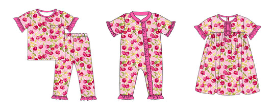 Preorder(moq 5 each) Baby Girls Pink Cherry Spring Romper Dress Pants Sets