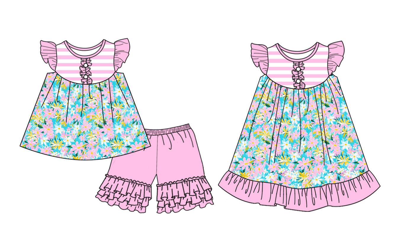 Preorder moq 5 Custom Baby Girls Pink Flutter Sleeves Button Floral Tunic Ruffle Short Set Knee Length Dress