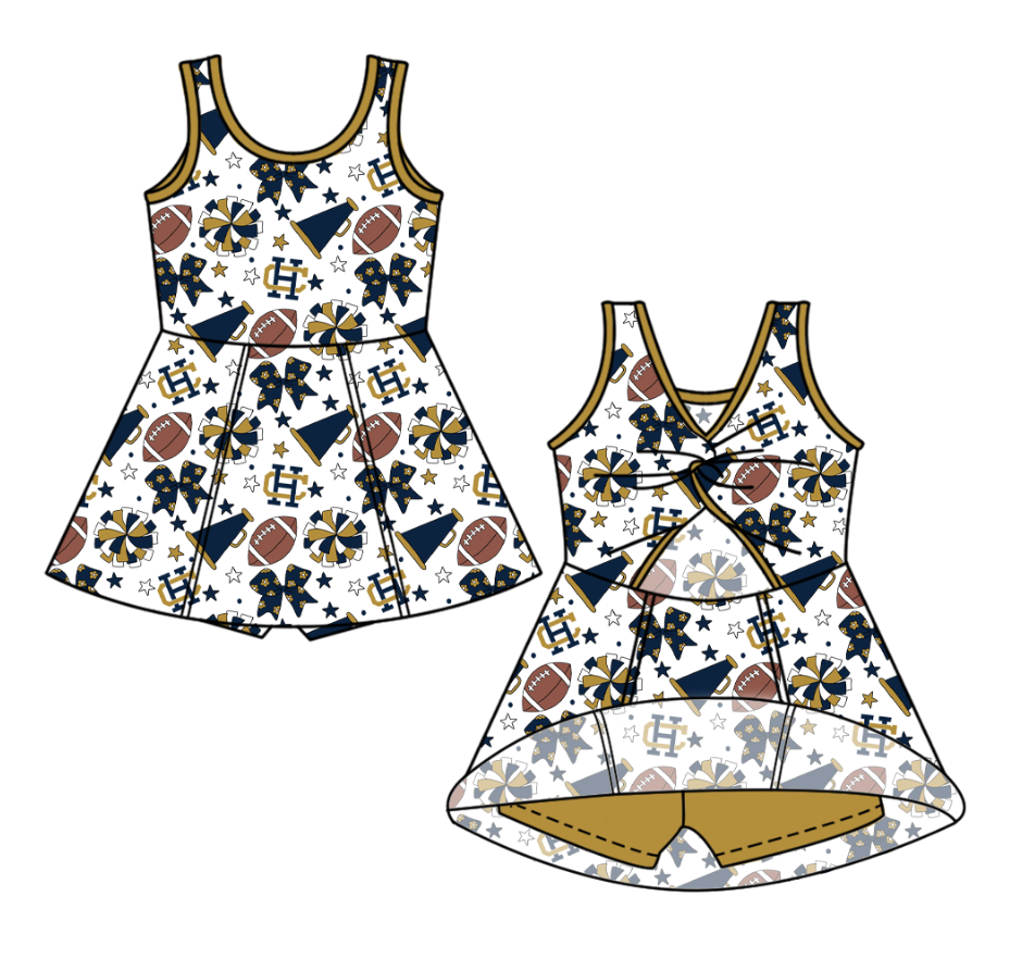 Preorder (moq 5)Baby Girls Sleeveless Bows Stars Footballs Team Shorts Knee Length Dress