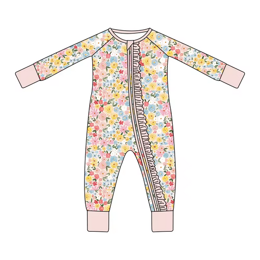 Baby Infant Girls Ruffle Pink Yellow Flowers Long Sleeve Zip Rompers preorder(moq 5)