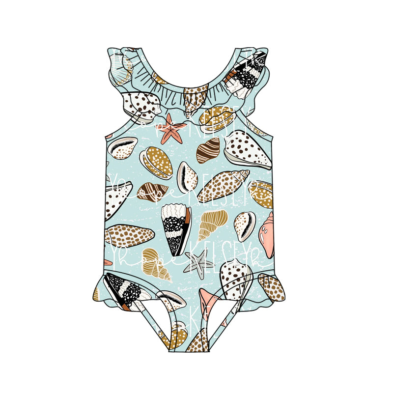 Baby Girls Beach Star Fishes Ruffles One Piece Swimsuits preorder(moq 5)