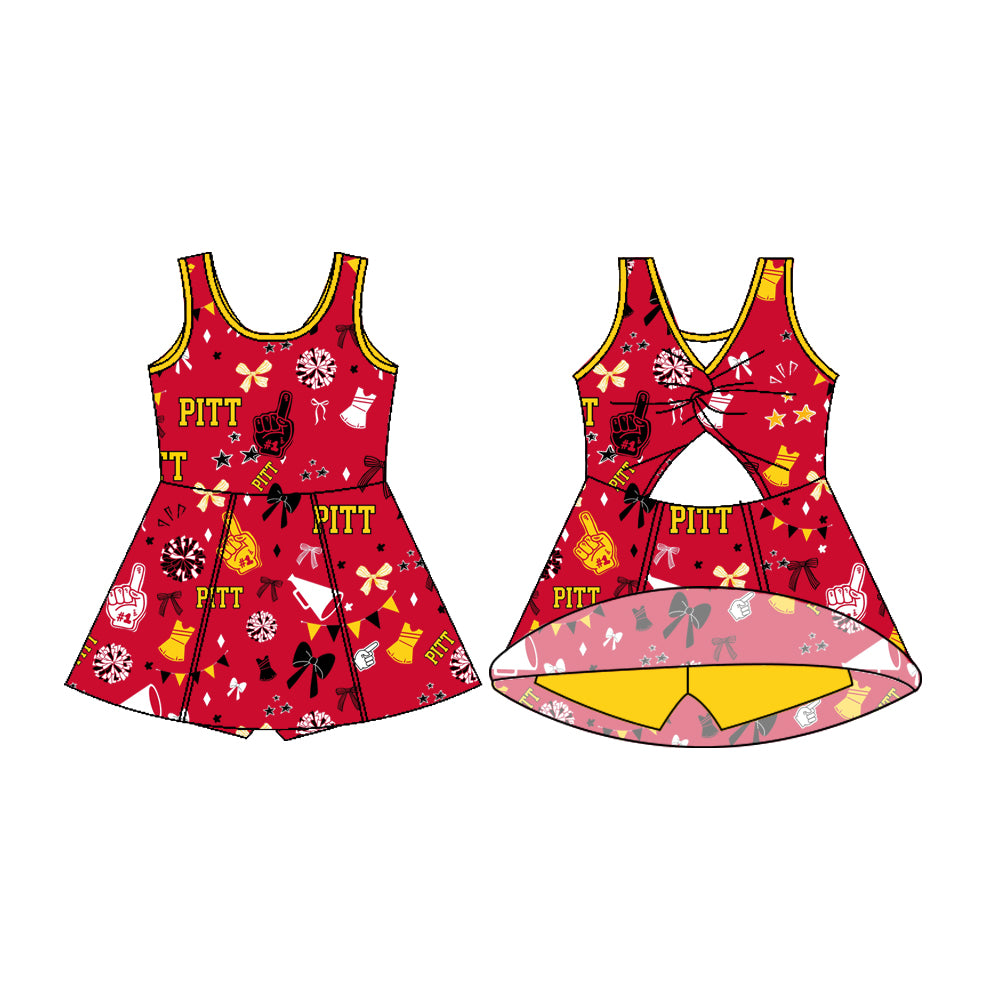 Preorder (moq 5)Baby Girls Sleeveless Red PITT Bows Shorts Team Dresses