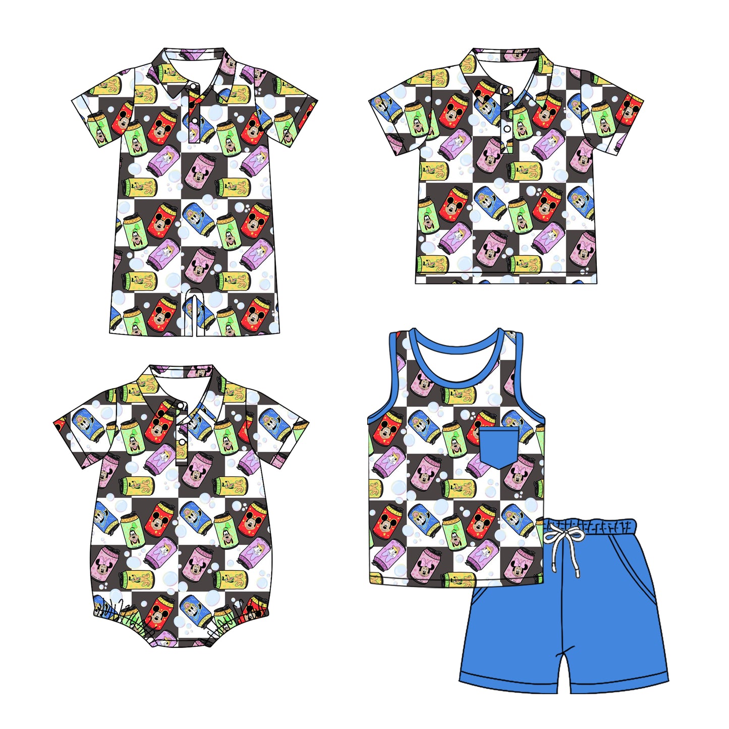 Preorder moq 5 Custom Baby Boys Cartoon Mouses Top Shorts Set Button Polo Shirts Rompers