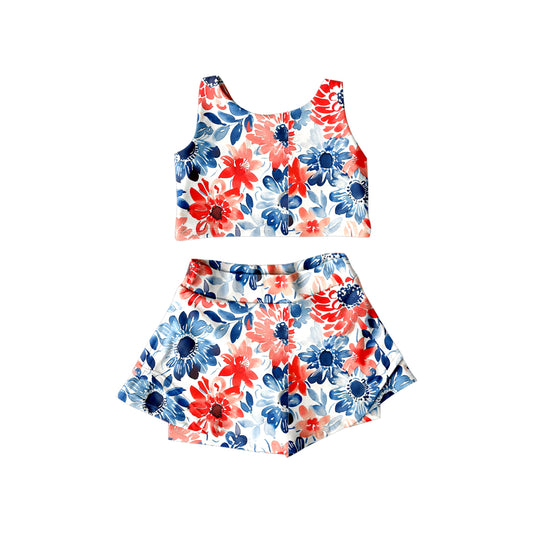 Baby Girls Flowers 4th of July Top Ruffle Shorts Skirts 2pcs Swimsuits preorder(moq 5)
