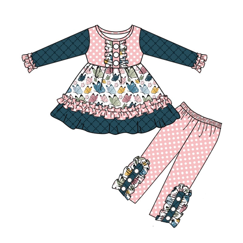 Baby Girls Pink Butterfly Tunic Ruffle Pants Clothes Sets Preorder(moq 5)