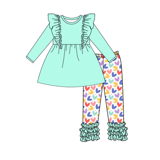 Baby Girls Blue Tunic Top Colorful Hearts Legging Pants Clothes Sets preorder(MOQ 5)