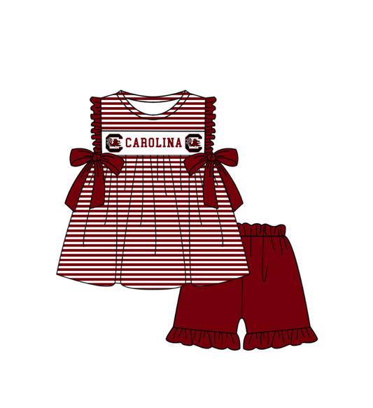 Preorder (moq 5)Baby Girls Red Sleeveless Carolina Tunic Ruffle Shorts Team Clothes Sets