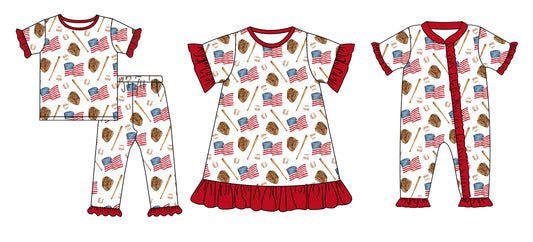 Preorder(moq 5 each)Sibling Baby Girls Red Baseball Flags Romper Dress Pajamas Sets