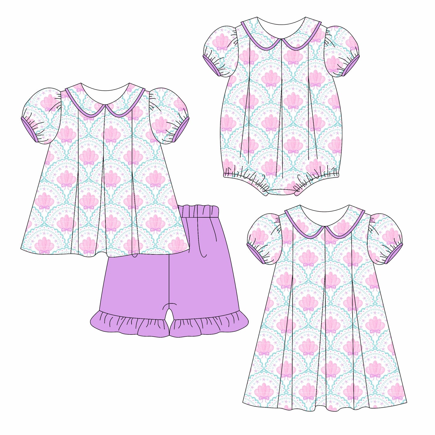 Preorder moq 5 Custom Baby Girls Lavender Shell Tunic Ruffle Short Set Knee Length Dress And Rompers