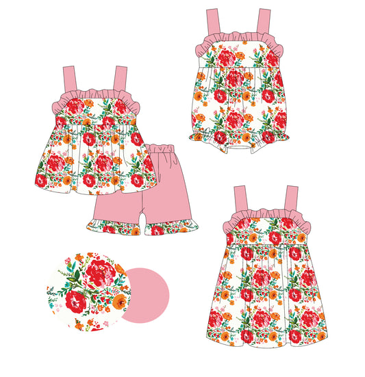 Preorder moq 5 Custom Baby Girls Pink Strap Red Floral Tunic Ruffle Short Set Knee Length Dress And Rompers