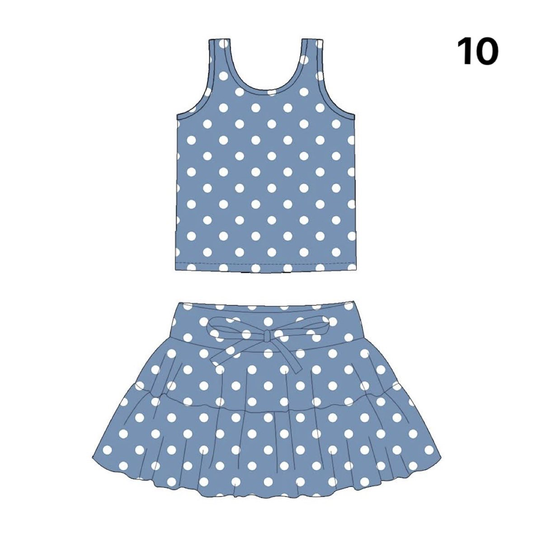 Preorder (moq 5)Baby Girls Blue Polka Dots Vests Top Skirt Shorts Clothes Sets