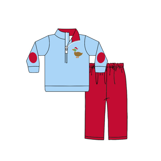 Baby Boys Christmas Duck Print Zip Top Red Pants Hunting Outfits Clothes Sets preorder(MOQ 5)