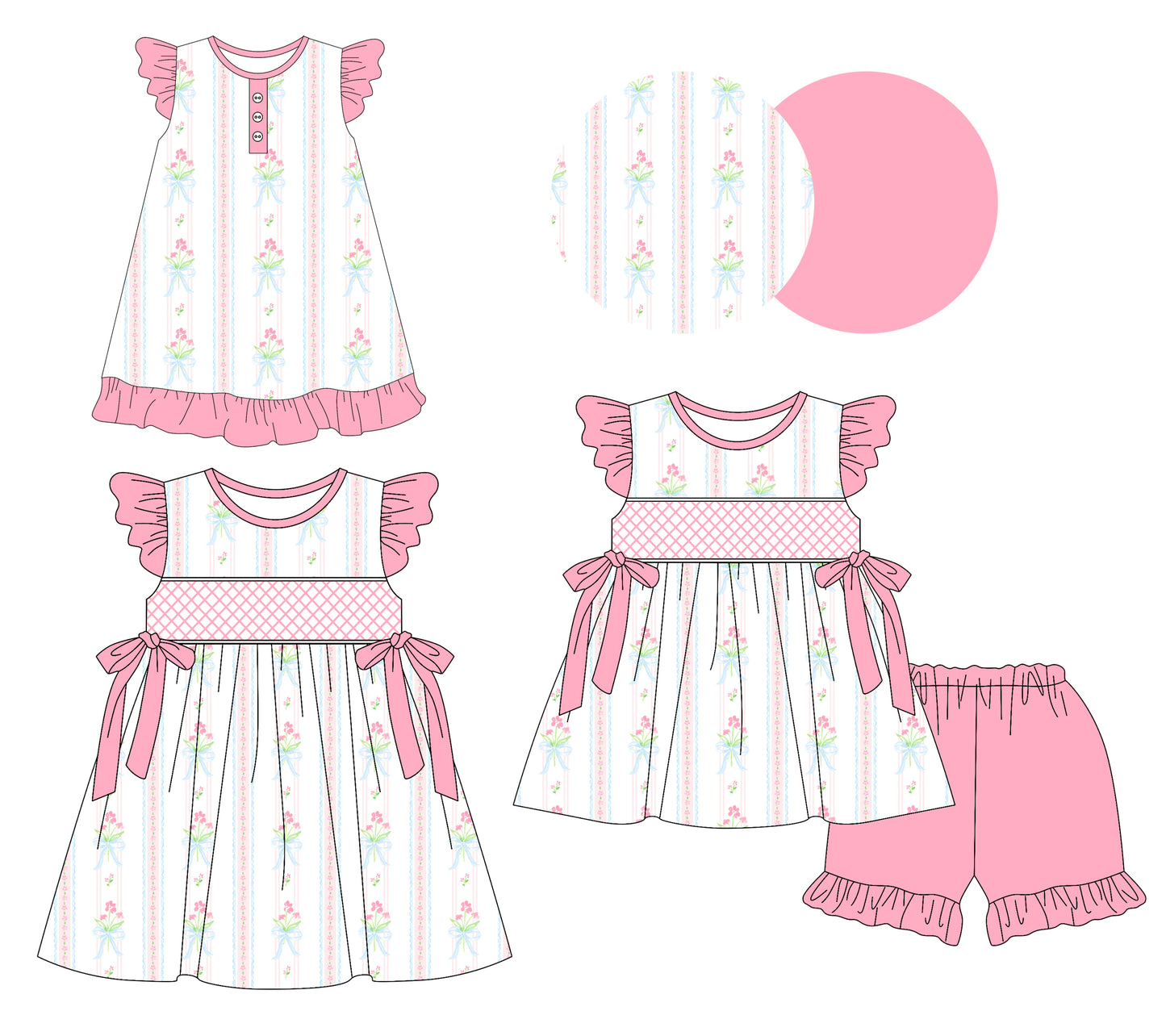 Preorder moq 5 Custom Baby Girls Pink Flutter Sleeves Floral Stripe Tunic Ruffle Short Set Knee Length Dresses