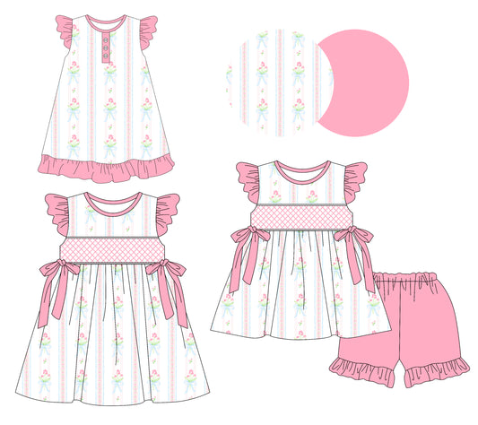 Preorder moq 5 Custom Baby Girls Pink Flutter Sleeves Floral Stripe Tunic Ruffle Short Set Knee Length Dresses