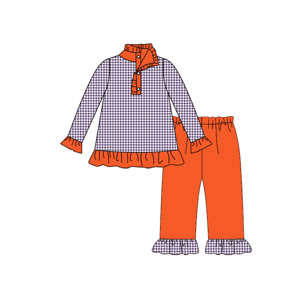 preorder(moq 5) Baby Girls Fall Football Team Purple Checkered Pullover Top Pants Clothing Sets