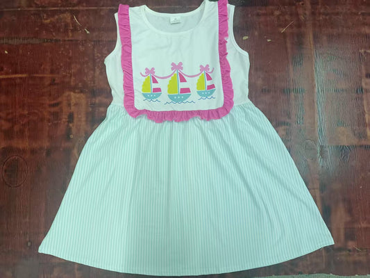 Preorder moq 5 Baby Girls Sleeveless Boats Aqua Stripe Knee Length Dress