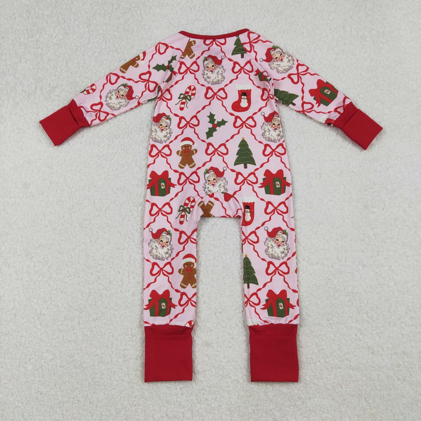Baby Girls Red Bows Santa Gifts Checked Christmas Zipper Footie Rompers