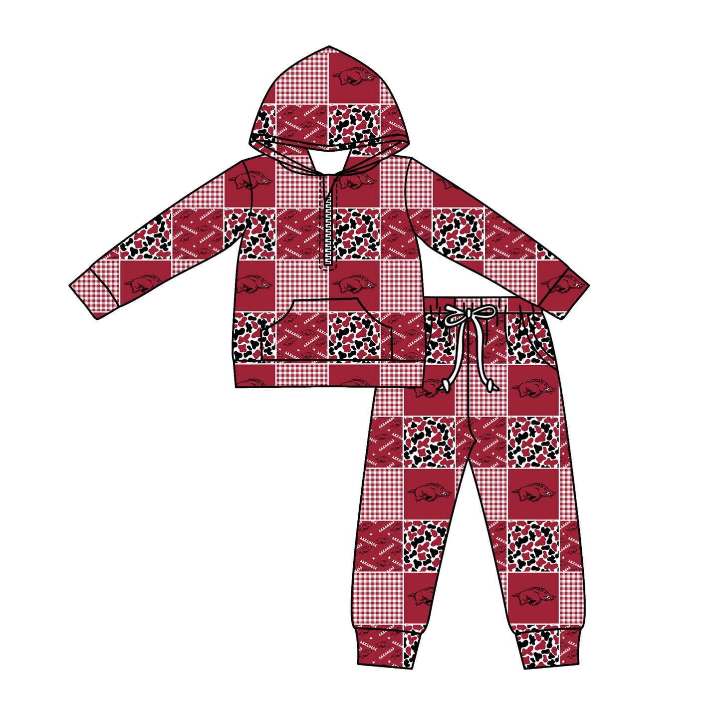 Preorder (moq 5)Baby Boys Camo Red Bulls Checked Zipper Pockets Hoodies Pants Team Clothes Sets